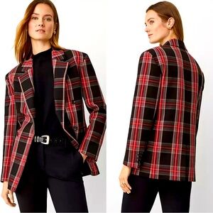 Ann Taylor Plaid Relaxed Double Breasted Blazer Black Red Gray Holiday, 6, NWT